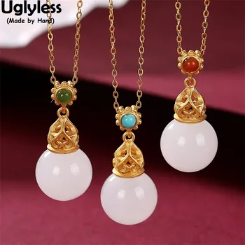 

Uglyless Like a Bulb Natural Hetian Jade Balls Necklaces for Women Agate Turquoise Sunflower Pendants + Chains 925 Silver Bijoux