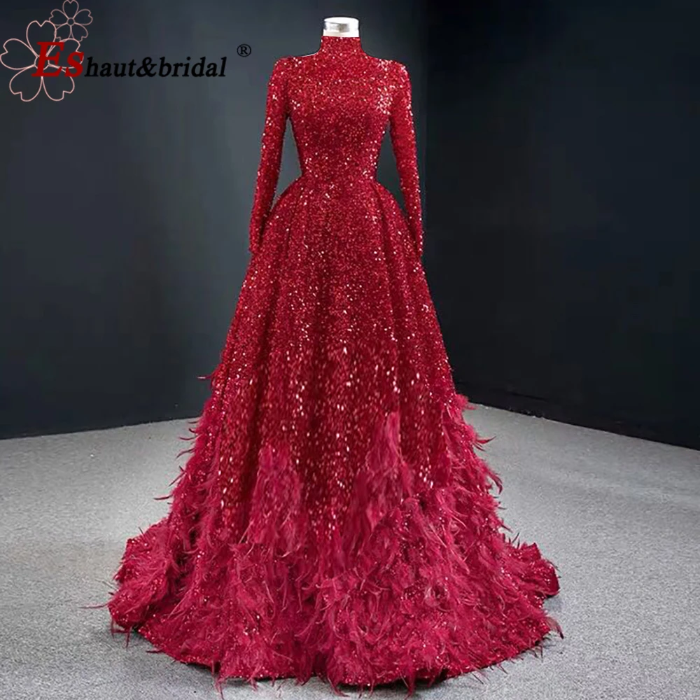 Luxury Feather Sequin Evening Night Dresses for Women 2022 Long Sleeves