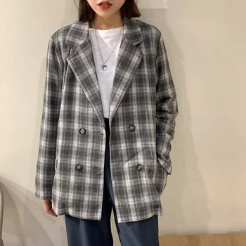 

Spring 2020 Plaid Blazer Women Double Breasted Casual Jacket Korean Style Plus Size Blazer Streetwear