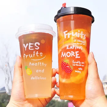 

50pcs High quality 500ml 16oz disposable cup party favors plastic cups milk tea soy fruit orange juice packaging cup with lid