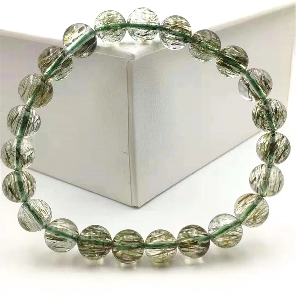 

Top Natural Green Rutilated Tourmilated Quartz Clear Crystal Round Beads Bracelet 8mm Women Men Fashion Best Clear Stone AAAAA