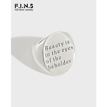 

F.I.N.S Silver Ring 925 Wide Finger Ring Oval Brushed Glossy Rings with Letters Open Cuff Ring Statement Women's Decoration