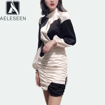 

AELESEEN Sexy Sheath Dress Women Long Sleeve Turtleneck Contrast Color Spring Summer Draped Bodycon Mini Dresses Casual Ladies