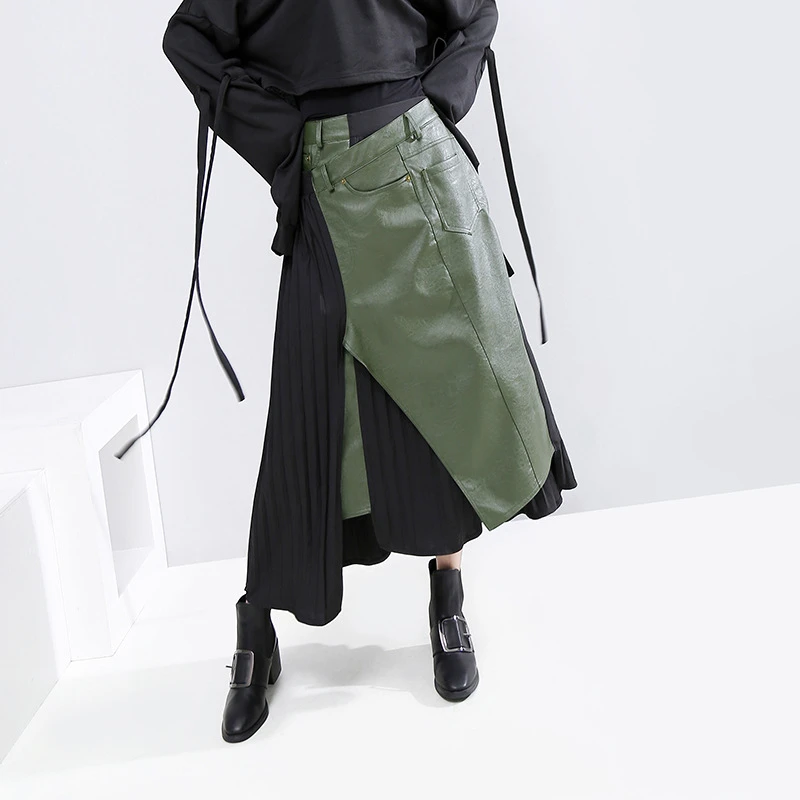 VM falda de cintura alta para mujer, faldas asimétricas elástica, PU empalmada, falda Irregular que combina con todo, faldas largas plisadas 2019|Faldas| AliExpress