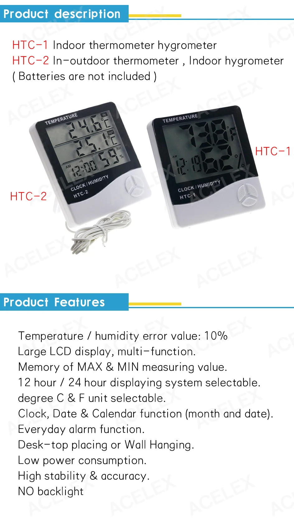 HTC-2 Digital LCD Temperature Humidity Meter Indoor / Outdoor Room  Thermometer Clock Hygrometer with sensor Greenhouse Room Indoor Thermometer  Monitor Clock Beep , Egg Incubator , Fish Tank Temperature Controlling