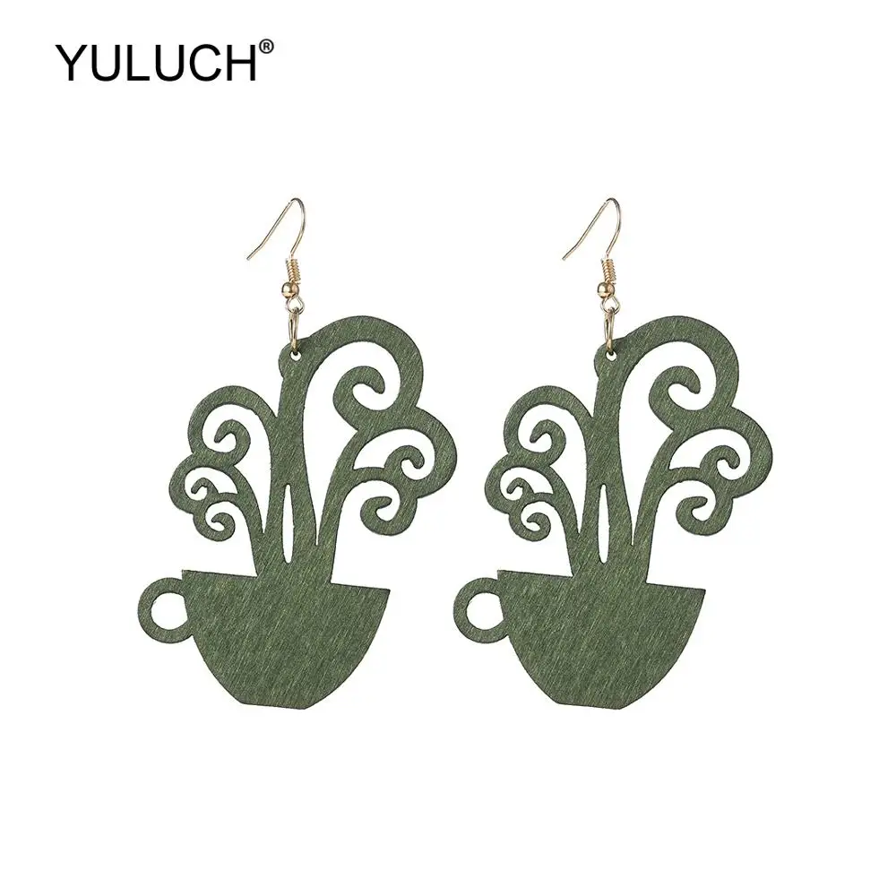 YULUCH Women Hollow Wooden Art Flower Pot Plant Long Dangle Earrings Fashion Jewelry Ethnic Big Pendant For Party | Украшения и
