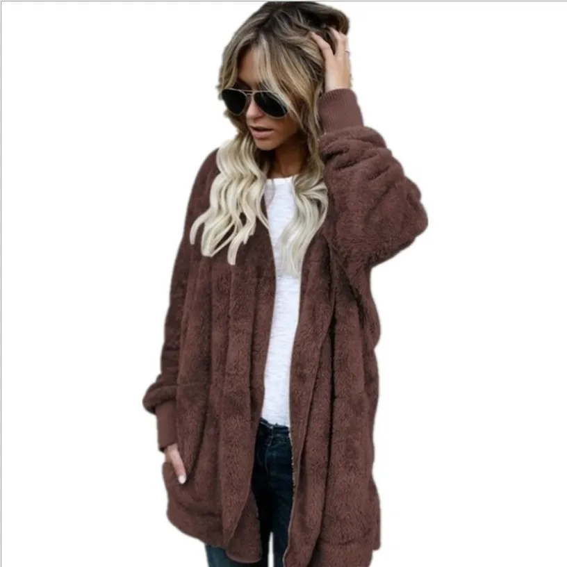 Large size 5XL Faux Fur Teddy Bear Coat Jacket Women Fashion Open Stitch Winter Hooded Coat Female Long Sleeve Fuzzy Jacket