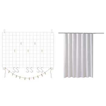 

1Pcs Grid Panel, Photo Wall Display with S-Shaped Hooks & White Thickened Polyester Fabric Plain Shower Curtain
