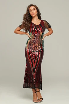 

High Quality Celebrity Short Sleeve Sequined Long Dress Evening Party Bodycon Dress