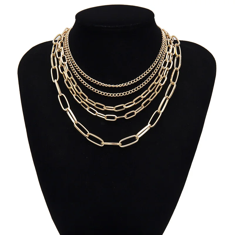 SHIXIN Hiphop Multi Layer Chain Necklace Gold/Silver Punk Choker Necklace for Women Statement Chain Decoration on the Neck Gifts - Окраска металла: Gold Color