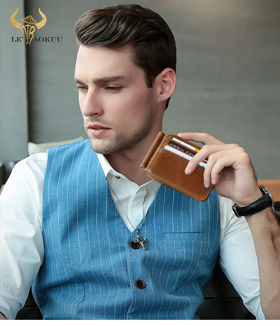Men Money Clip Wallet Business Card Holder Thick Crazy Horse Leather Case Design Front Pocket Wallet Mini Slim Purse