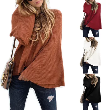 

Best Sell Ladies Autumn and Winter Knitted Sweater O-neck Flare Sleeve Loose Pullover Sweater Bat Sweater Women Sweater S-3XL