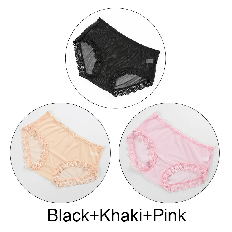 3 шт./партия, ультра-тонкие сексуальные кружевные трусики, полностью прозрачное женское белье, бесшовные сетчатые дышащие трусики, большие размеры - Цвет: BlackKhakiPink