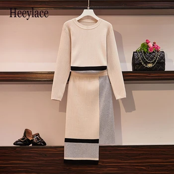 

2019 Autumn winter Knitted Womans elegant slim Suits Loose Long Sleeve Sweater And Irregular Skirts 2 Piece Set Woman