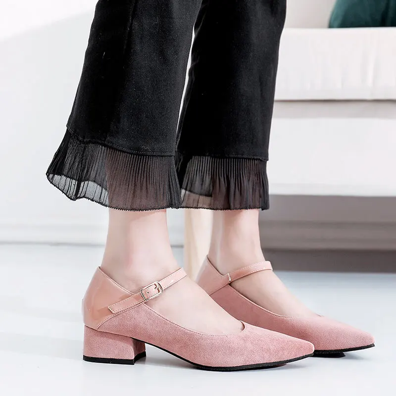 

Large Size WOMEN'S Shoes 2019 Spring New Style Korean-style Pointed Toe Chunky Heel Straight-line Buckle Mary zhen zhong Documen