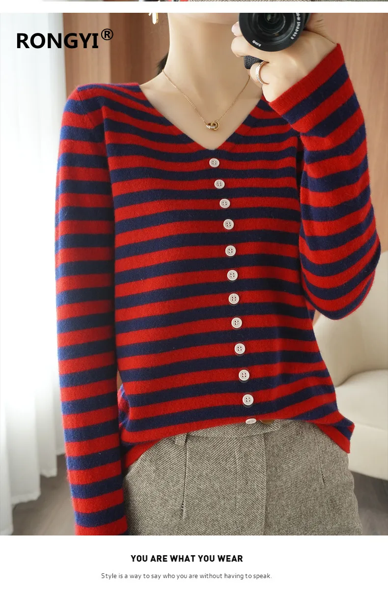 long cardigan RONGYI Spring Autumn New 100%Pure Wool Sweater Women V-Neck Striped Knit Large Size Pullovers Warm Button Cashmere Sweater Shirt christmas sweatshirt