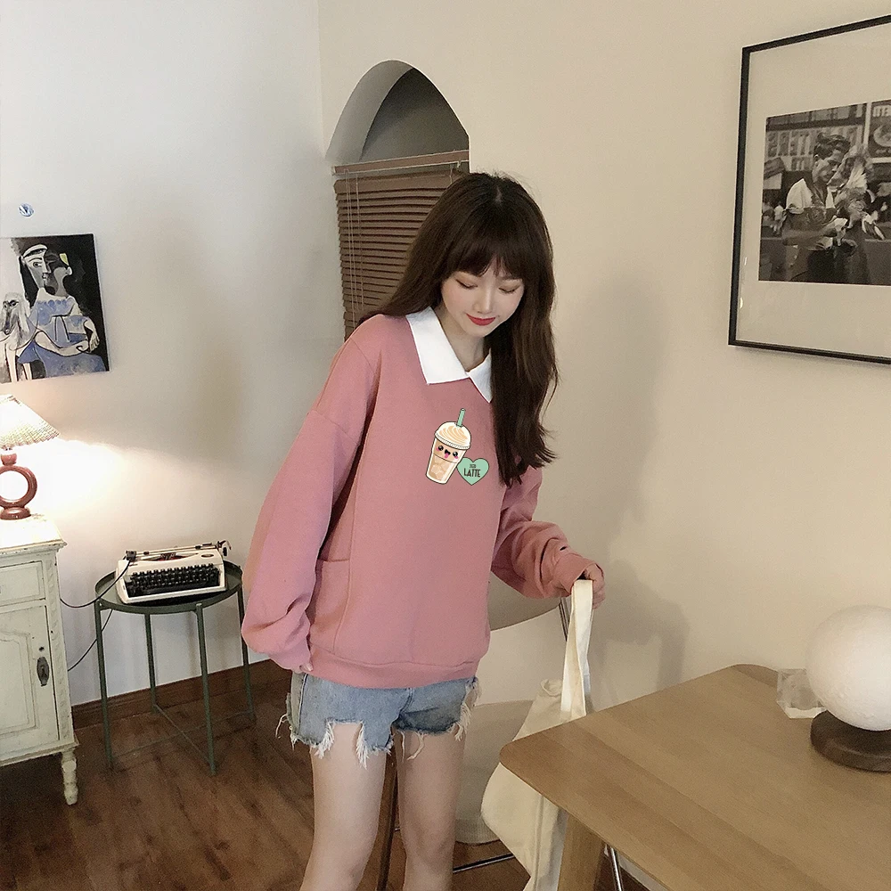 

Kawaii Clothes Harajuku Hoodies Cute Cartoon Print Sweatshirt Womens Printed Long Sleeve Tops Thin Cotton Collared Sweatshirts