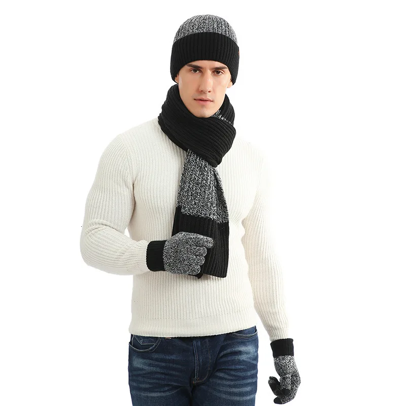 Мужская Зимняя Шапка-бини, шарф и перчатки с сенсорным экраном, комплект из 3 предметов, теплый вязаный комплект для зимы, вязаная Лыжная вязаная шапка - Цвет: Color 1
