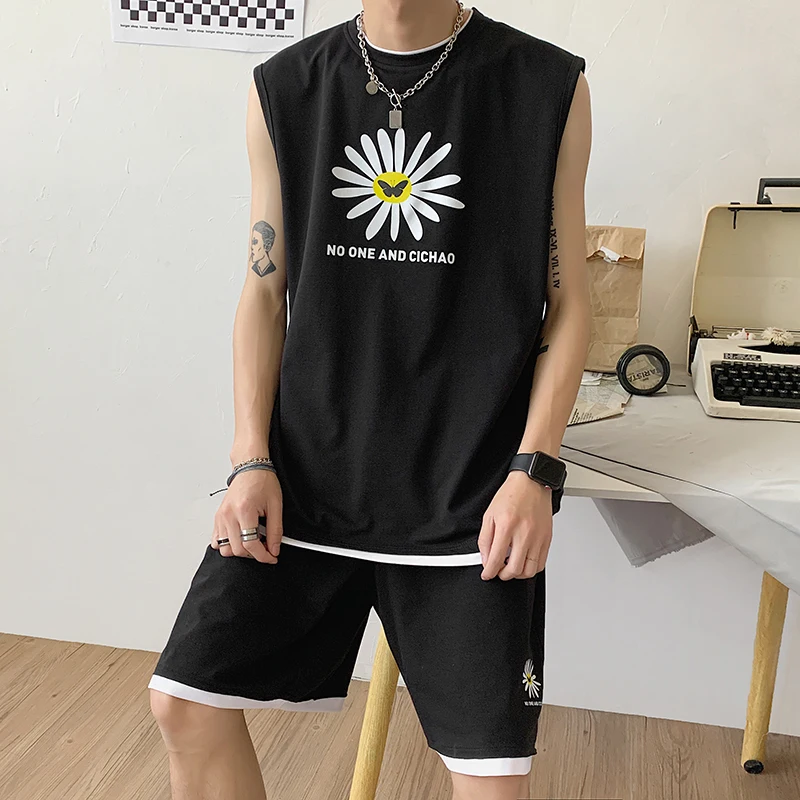 

Men Short Sets Fashion 2020 Summer Sweat Suits Men Plus Size Round Collar Loose Sleeveless T Shirt Men+Shorts Men Comfortable