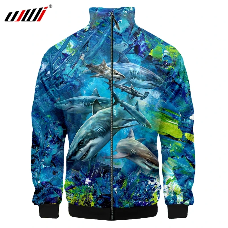 

UJWI Trend 3D Stand-up Collar Ocean Shark Hoodie Hood Men Zipper Hoodies Jackets All Sleeve Zip Up Jackets Tops Dropshipping