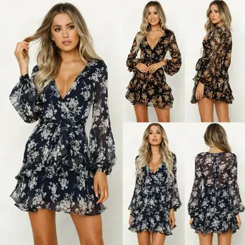 

Women Deep V Collar Boho Dress Floral Summer Beach Casual Evening Party Short Sundress Mini Dress