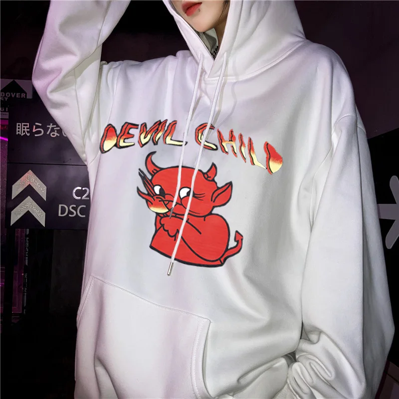 Gothic Devil Fire Flame Letter Print Hoodie 2020 Hip Hop Streetwear Harajuku Hoodie Kawaii Sweatshirt Pullover Woman Winter Top