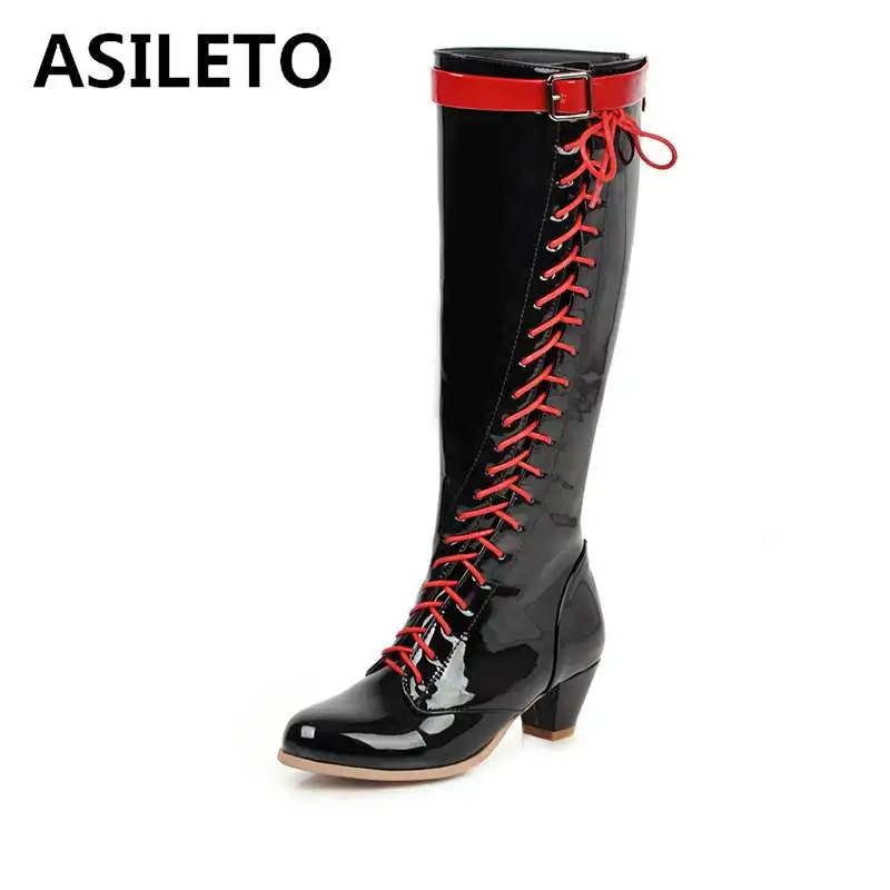 

ASILETO knee boots for women cosplay pointed toe slip on footwear block heels bottines botas mujer big size 32-48 botas mujer