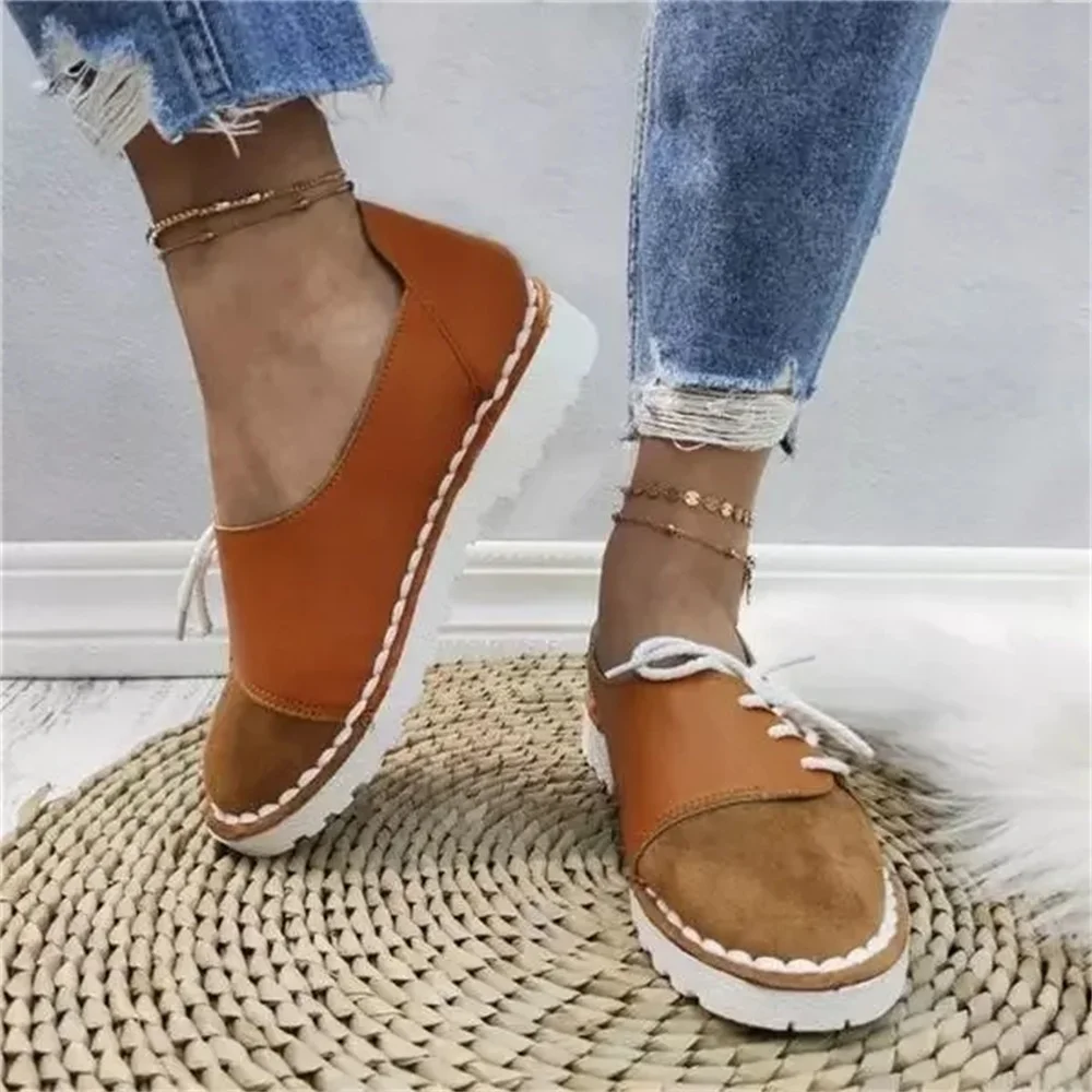 Vintage Loafers Women 2021 Spring New Round Toe Lace Up Patchwork Ladies Casual Flats 3543 Big Size Comfortable Single Shoes