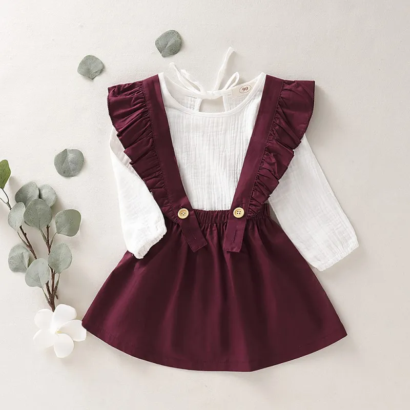 

1-6T Autumn Baby Girl Long Sleeve Cotton T-shirt Blouse Strap Skirts Casual Outfits Set