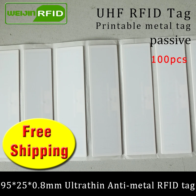 UHF RFID Ультратонкий Металл бирка 915 м 868 м EPC 100 шт Основные средства 95*25*0,8 мм на большие расстояния ПЭТ Пассивная RFID Метка