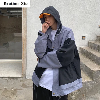 

Autumn New Tooling Jacket Men Fashion Contrast Color Casual Hooded Jacket Man Streetwear Wild Hip Hop Loose Bomber Jacket Male