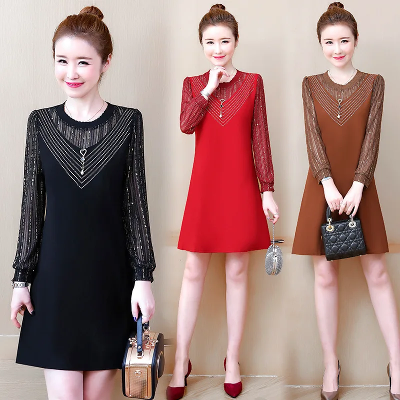 

2019 Autumn And Winter New Style Korean-style Large Size Dress-Style Slim Fit Slimming Hot Drilling Long-sleeved Dress