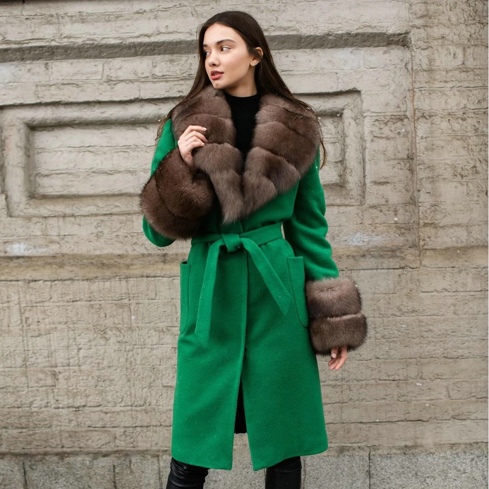 Fashion Green Cashmere Fur Coat Natural Women 2022 New Trendy Whole Skin Genuine Fox Fur Collar Wool Blends Coat Outwear Luxury