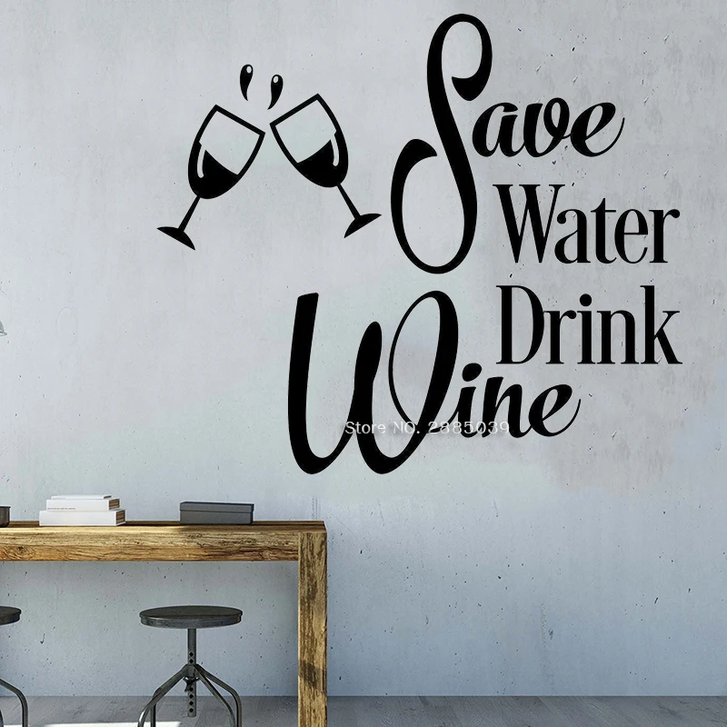 &quotSave Water Drink Wine&quot Quotes Decals Lettering Wall Decor Stickers For Kitchen Murals Decoration Vinyl Waterproof Funny AL017 | Дом и