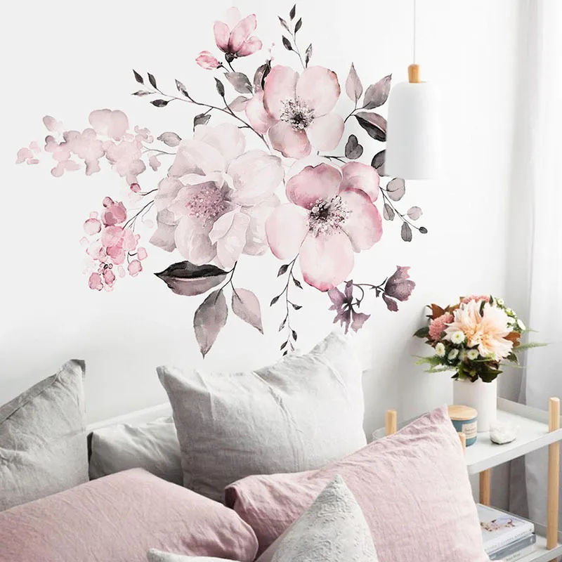 Water Color Pink Flowers Wall Stickers Bedroom Living Room Decoration Mural Home Decor Decals Flower Cluster Wallpaper