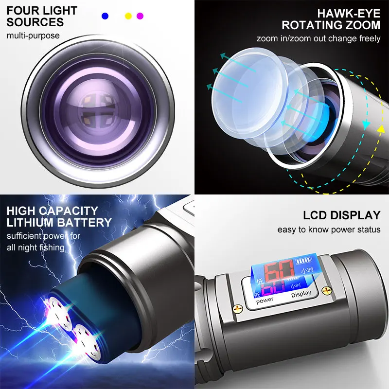 Ultra Bright Eagle Eye Zoom LED Light for Fish 18650 Waterproof Blue White Yellow Purple Flashlight Torch Digital Power Display