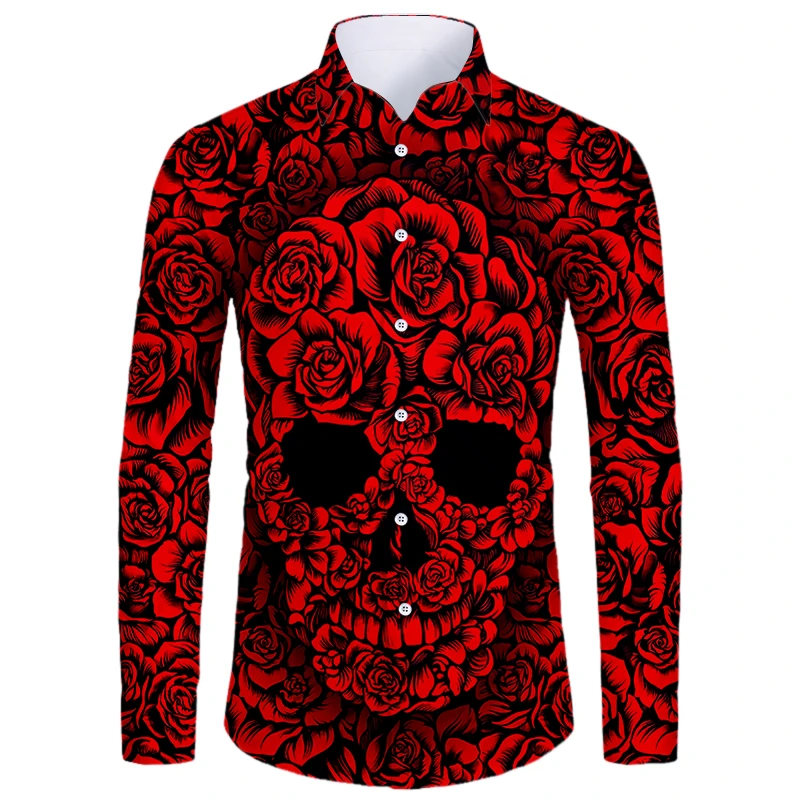 Men Long Sleeve Shirt Autumn New 3d Red Rose Skull /flower Print Cool