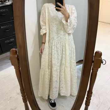 

YAMDI korean a-line woman dresses elegant spring summer party vintage midi dress women long sleeve 2020 lace solia black robe