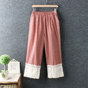 

2020 New Spring Women Pants Japan Style Elasticated Waist Embroidery Plaid Cotton and Linen Wide-leg Pants Women