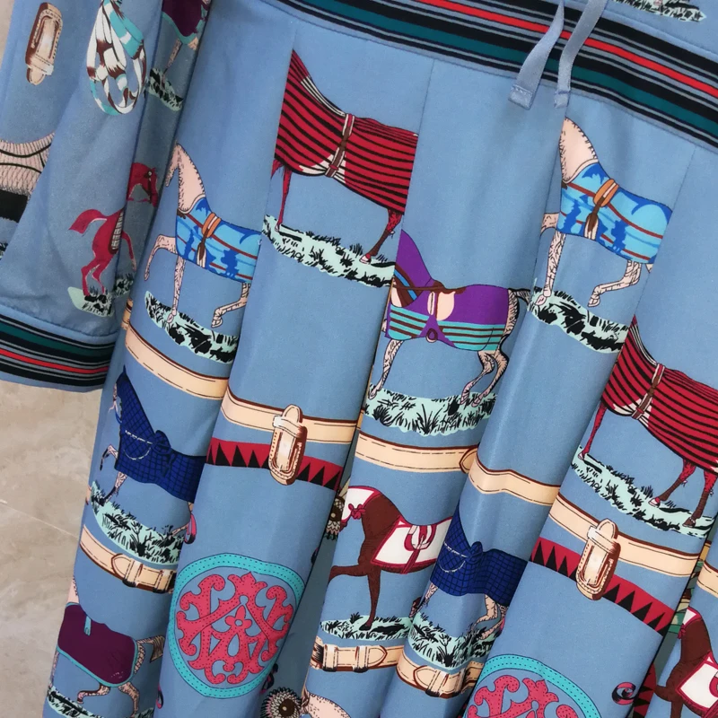 SEQINYY Blue Pleated Dress Vintage Animals Print