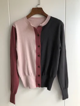 

Three-color Colorblock Cardigan 2019 Autumn and Winter New Temperament Models Knitted Long-sleeved Cardigan Women Sweater