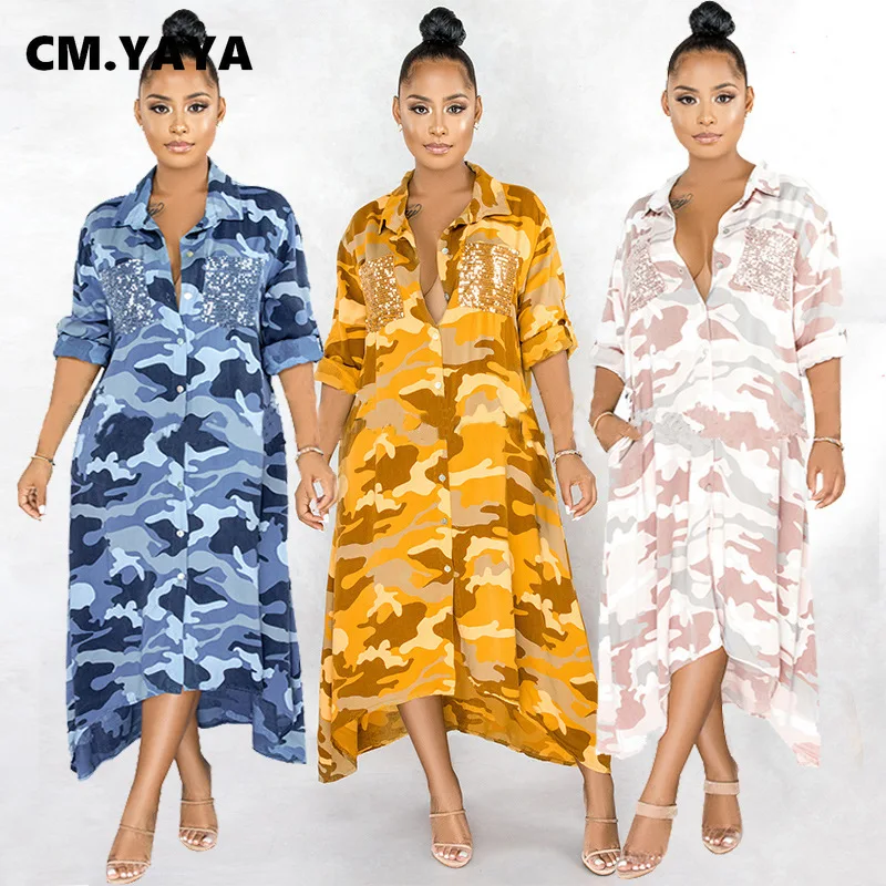 Женское камуфляжное платье макси CM.YAYA длинное винтажное с блестками и карманами