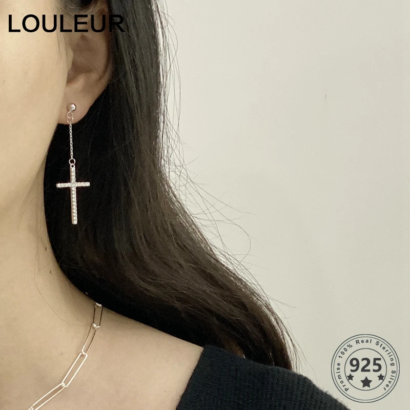 LouLeur 925 пробы серебряные серьги-капли с крестиком элегантные циркониевые