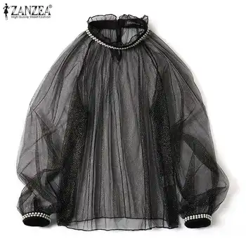 

Women Crew Neck Sheer Tops See-through Mesh Shirts ZANZEA 2020 Sexy Lantern Sleeve Blouses Party Nighclub Chemiser Mujer Tunic