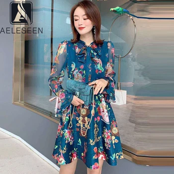 

AELESEEN Runway Fashion Blue Dress 2020 High Quality Long Flare Sleeve Bow Collar Flower Print Ruffles Knee-Length Party Dress