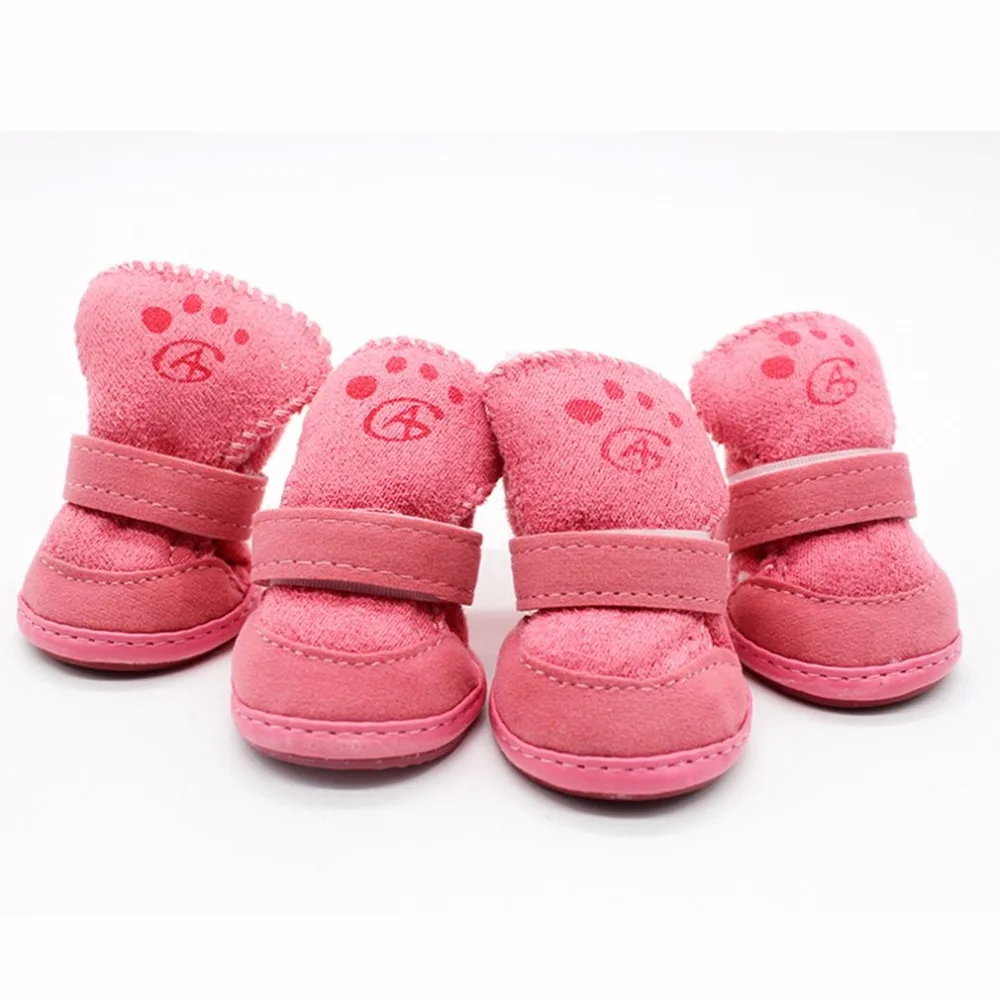 4/set Dogs Snow Boots Pets Pink Puppy Shoes Winter Warm Soft Cashmere Paws Care Anti-skid Sole Walking Running Pets Supplies