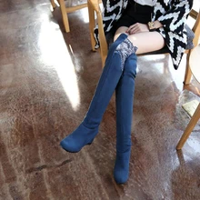 Женские сапоги до колена; зимняя обувь; женские высокие сапоги; Bota Feminina; сапоги на шнуровке; осенние женские ботфорты выше колена; джинсовые сапоги