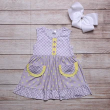 

Summer Girls Clothes Purple Plaid Sleeveless Yellow Lace Pocket Yellow Polka Dot Print Pattern Girl Dresses