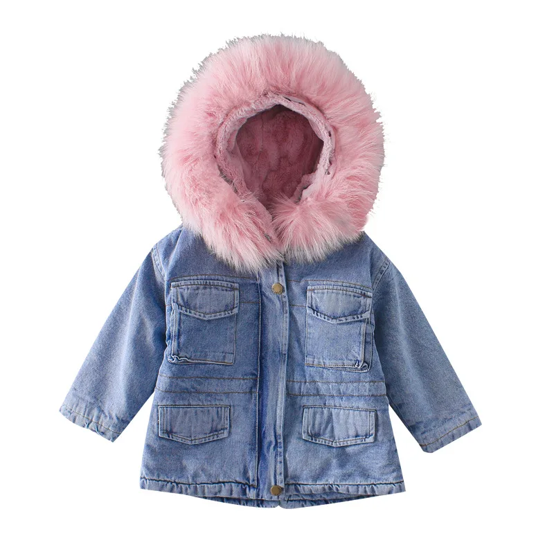 

Young Children Large Fur Collar Plus Velvet Thick Mid-length Cowboy Jacket Winter New Style Children's Winter Coat