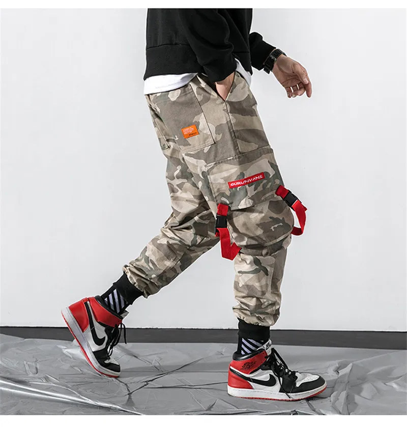 Новая высококачественная камуфляжная спортивные брюки Уличная Повседневная Мужские штаны для бега брюки с боковыми карманами с лентами дизайнерские мужские хлопковые брюки